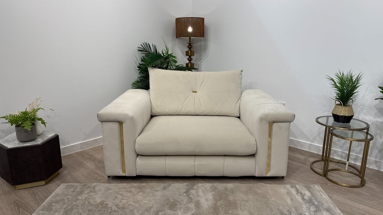 Sofology Oscar Fabric Loveseat Gold Trim in Super Matt Velvet Ecru Mix