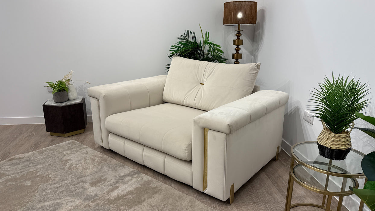 Sofology Oscar Fabric Loveseat Gold Trim in Super Matt Velvet Ecru Mix