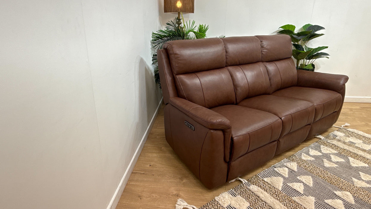 Sofology Bradie Leather 3 Seater Power Recliner/Headrest in Trusty Embossed Chestnut