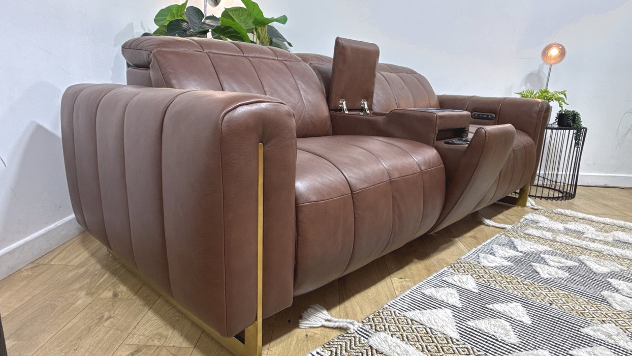Sofology Paramount 2.5 Leather Sofa Power Recliner, Power Hdrst and Speakers + Console in Embossed Leather Chestnut