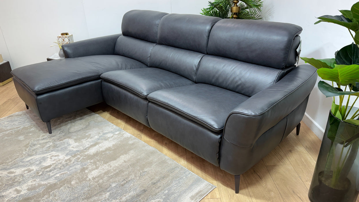 Sofology Viento Leather Chaise 3 Seater Power Recliner/Headrest Lumbar in Trusty Embossed Navy