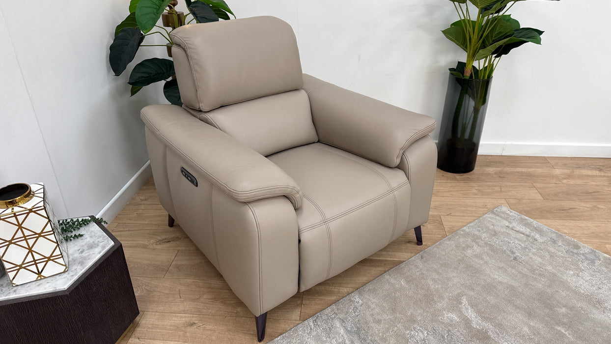 Sofology Bailey Leather Chair Power Recliner/Headrest in Trusty Embossed Stone