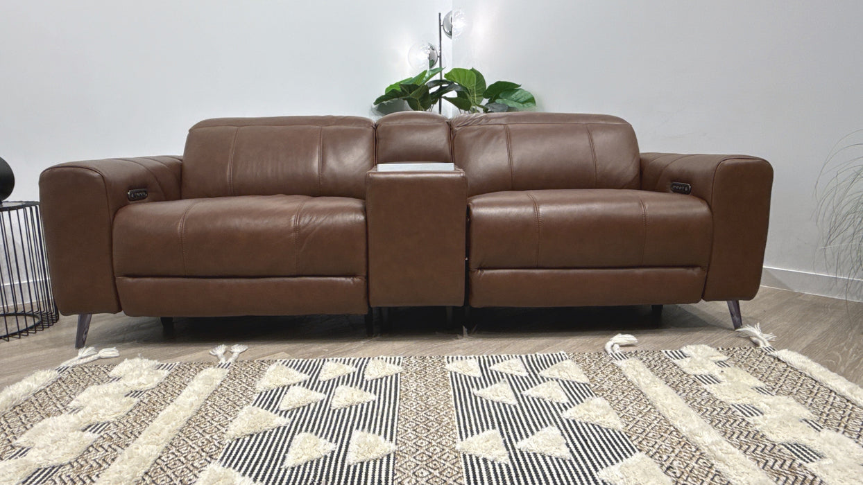 Sofology Allure Leather 2.5 Seater Screen Console Power Recliner/Headrest Heated Seats Lumbar Support Speakers in Trusty Embossed Chestnut