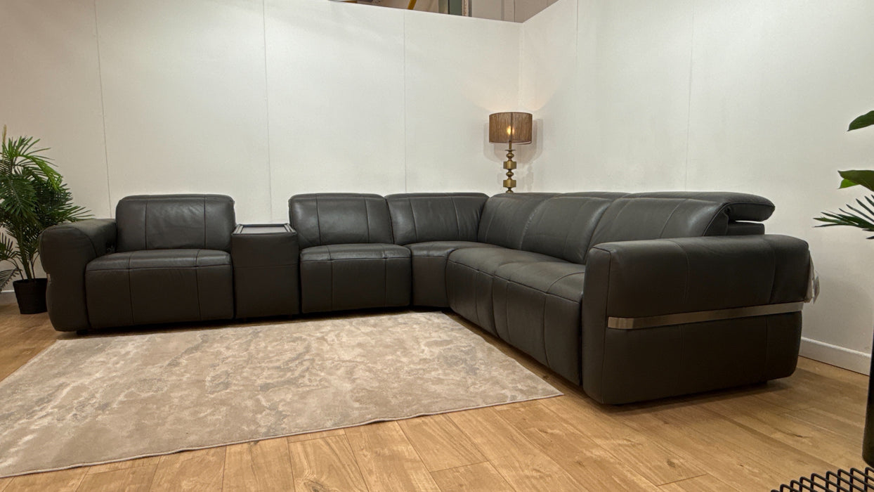 Sofology Lumiere Leather 3 Console Corner 3 Power Recliner/Headrest in Trusty Embossed Charcoal