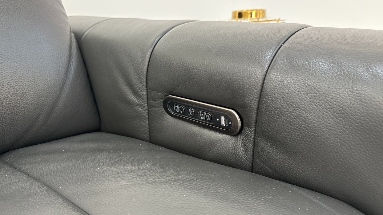 Sofology The Paramount Leather 2.5 Seater Console Power Recliner/Headrests Speakers in Trusty Embossed Charcoal