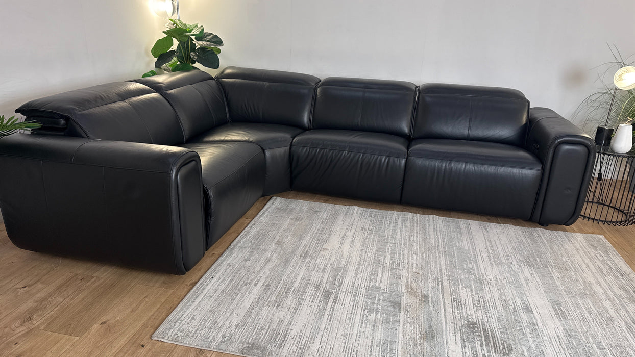 Sofology Premiere Leather 1.5 Corner 3 Power Recliner/Headrest in Trusty Embossed Jet Black