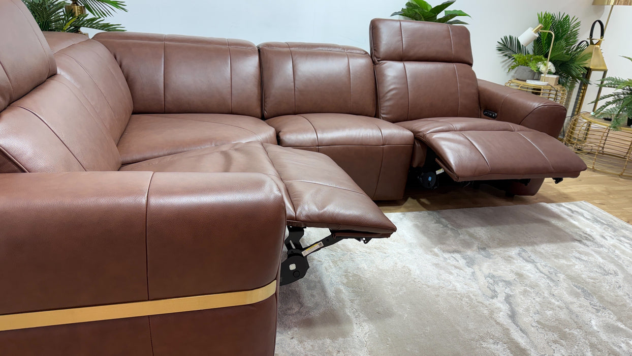Sofology Lumiere Leather 1.5 Corner 3 Power Recliner/Headrest Gold Trim in Trusty Embossed Chestnut