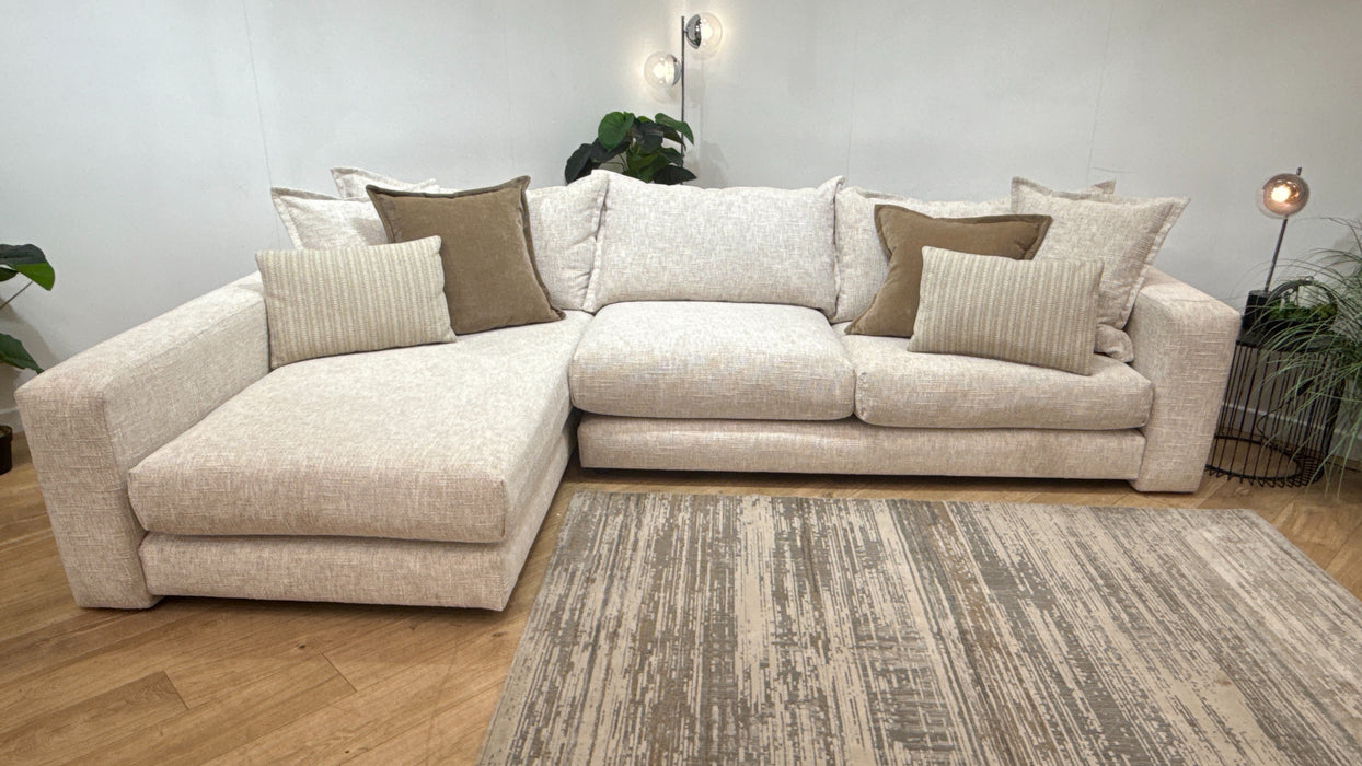 Sofology Cove Fabric Grande Chaise Light Wood Panel in Artisan Chenille Oyster Mix