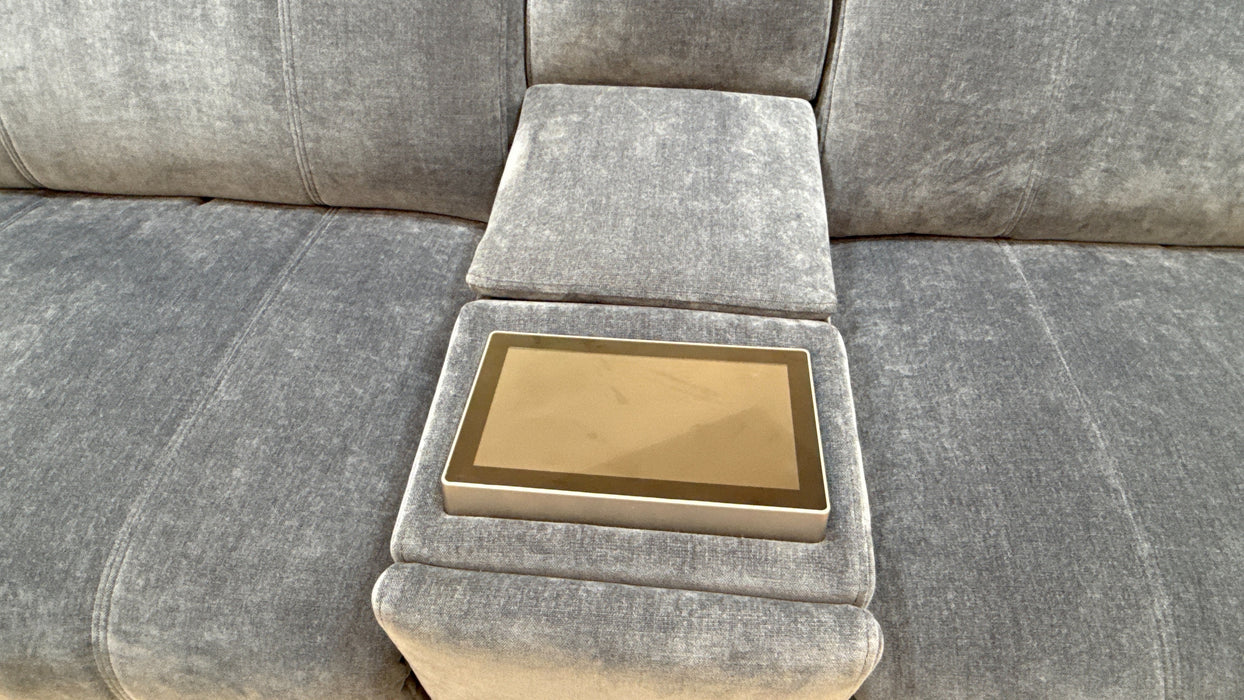 Sofology Allure Fabric 2.5 Seater Console with Screen Power Recliner/Headrest Heated Seats Lumbar Speakers in Relaxed Chenille Denim