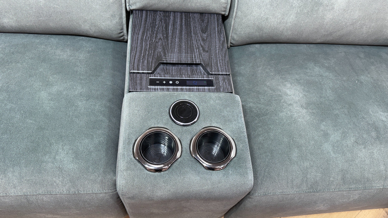 Sofology Premiere Fabric 3 Seater Cinema Sofa Consoles Power Recliner/Headrest x 3 in Lifestyle Flecked Mineral Green