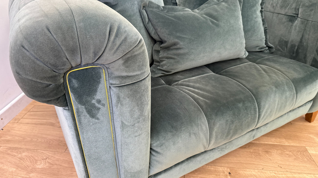 Sofology Midsummer Fabric Loveseat Gold Trim in Day Teal Mix