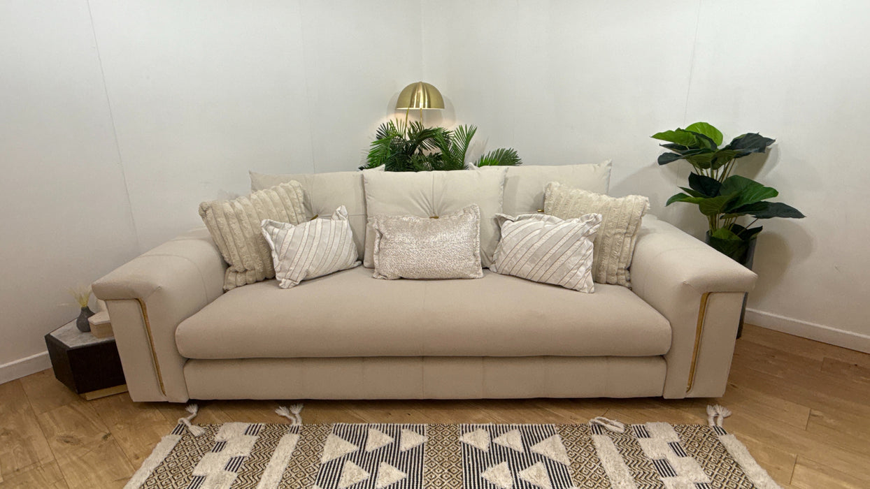 Sofology Oscar Fabric 4 Seater Gold Trim in Super Matt Velvet Ecru Mix