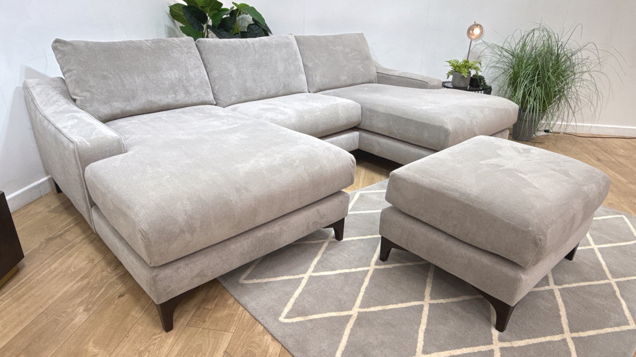 Sofology Wildwood Fabric 4 Seater Double Chaise with Footstool in Soft Sherpa Silver Contrast Piping Mix