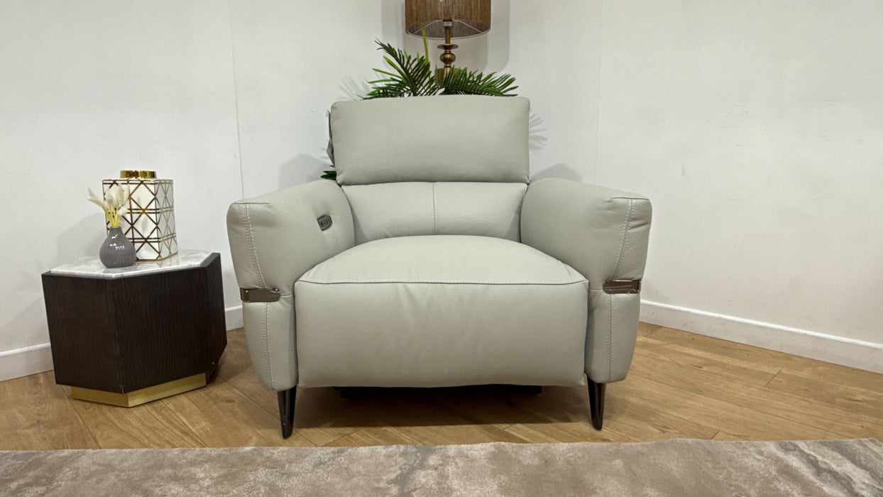 Sofology Arlington Leather Chair Power Recliner/Headrest Lumbar in Trusty Matt Light Grey