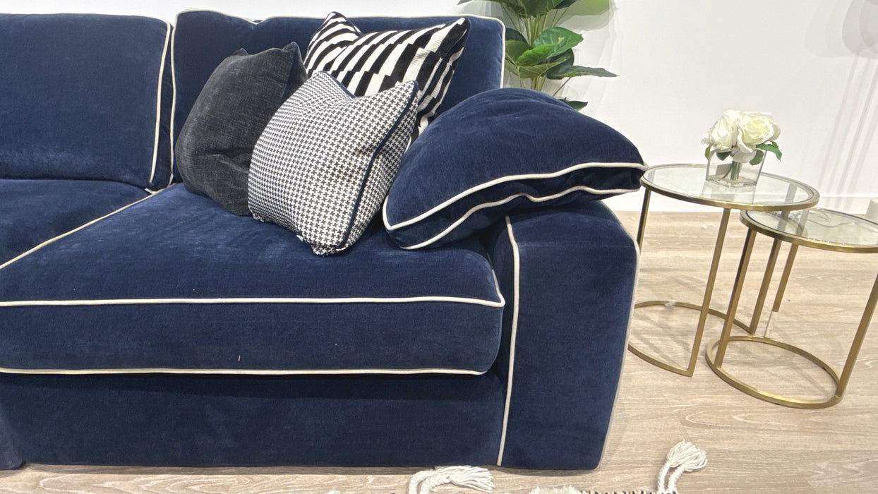 Sofology Atelier Fabric 3 Corner 1 Full Back in Soft Chenille Navy Mix With Pearl Contrast Piping