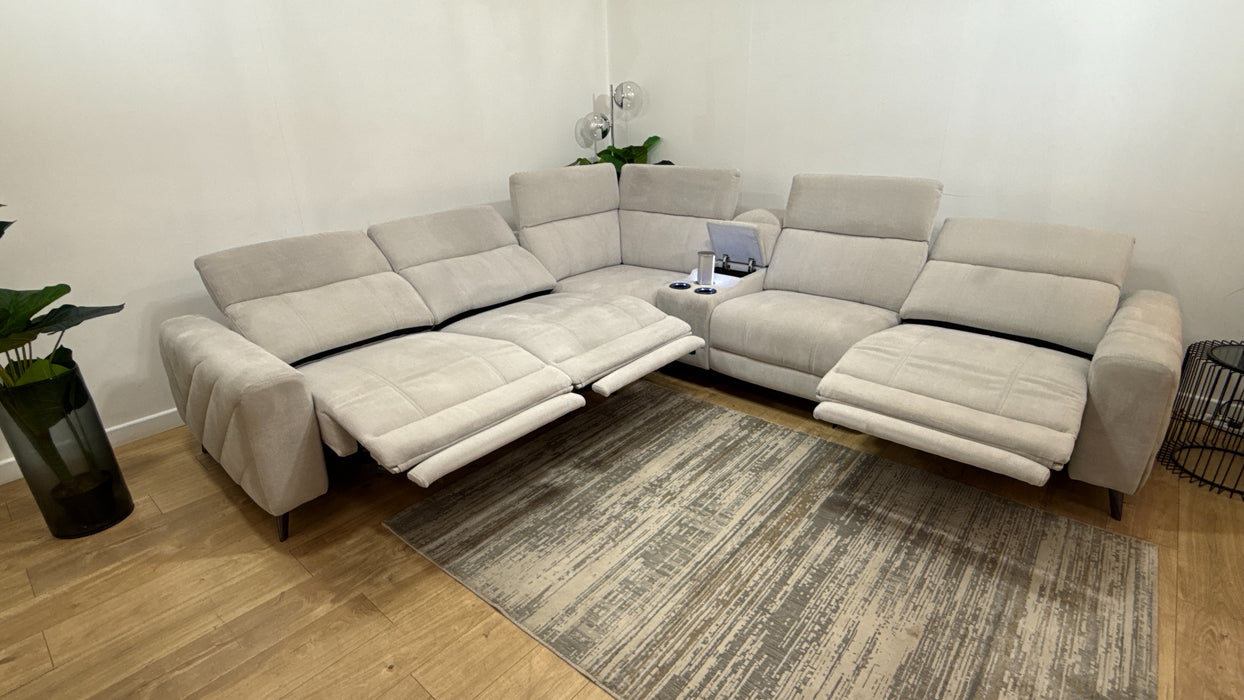 Sofology Allure Fabric 1.5 Smart Console Corner 3 Power Recliner/Headrest Heated Seats Lumbar Support in Relaxed Chenille Stone