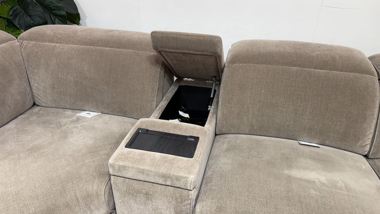 Sofology Plaza Fabric 1.5 Smart Console Corner 3 Power Recliner/Headrest Heated Seats in Relaxed Chenille Nutmeg