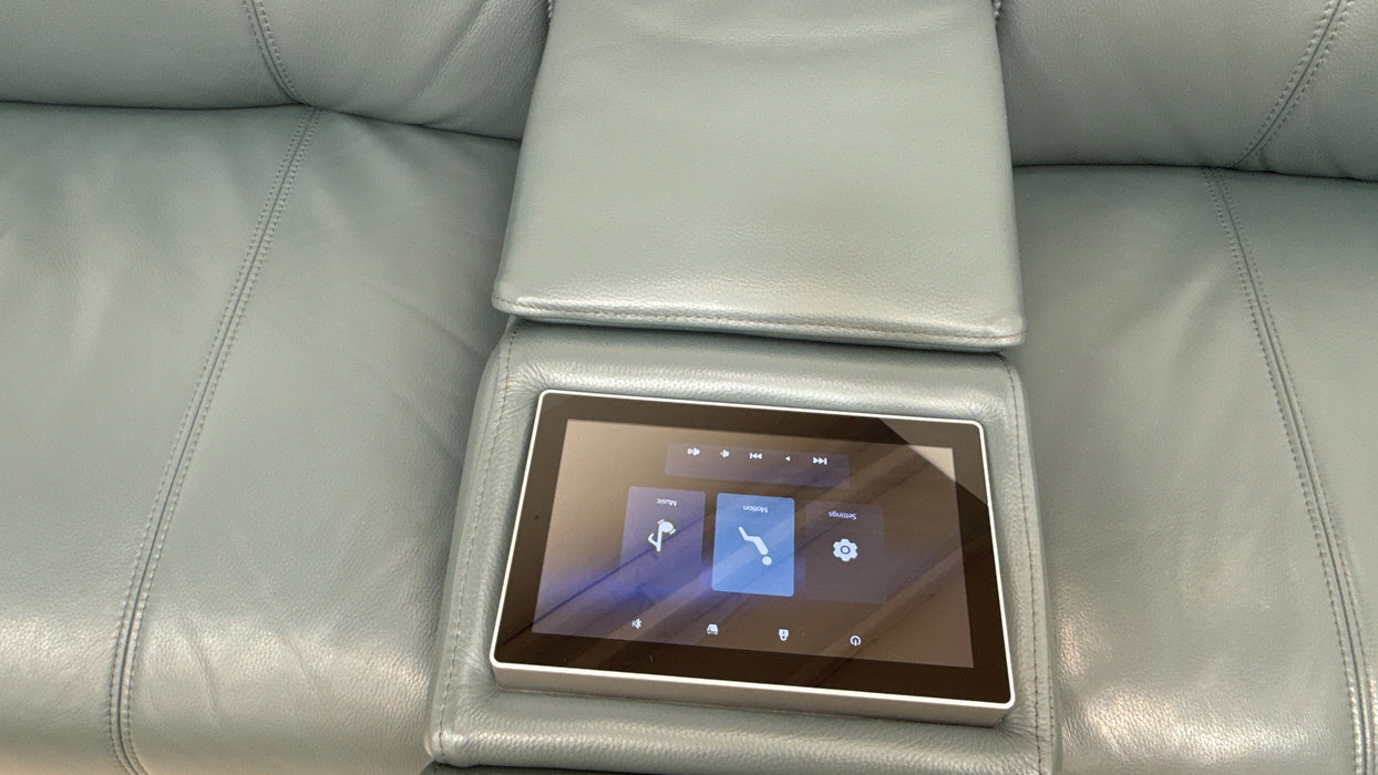 Sofology Allure Leather 2.5 Seater Screen Console Power Recliner/Headrest Heated Seats Lumbar Support Speakers in Trusty Embossed Peacock