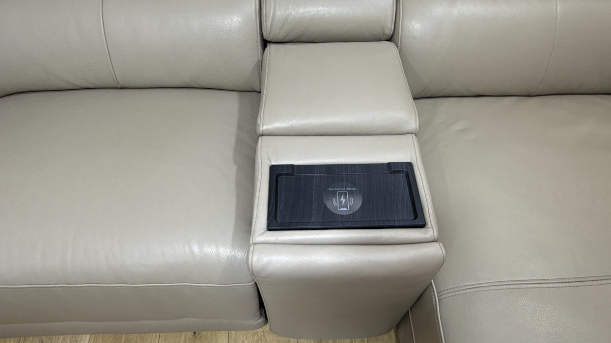 Sofology Hugo Leather 3 Corner Console 3 Power Chaise Power Recliner/Headrest in Trusty Embossed  Stone