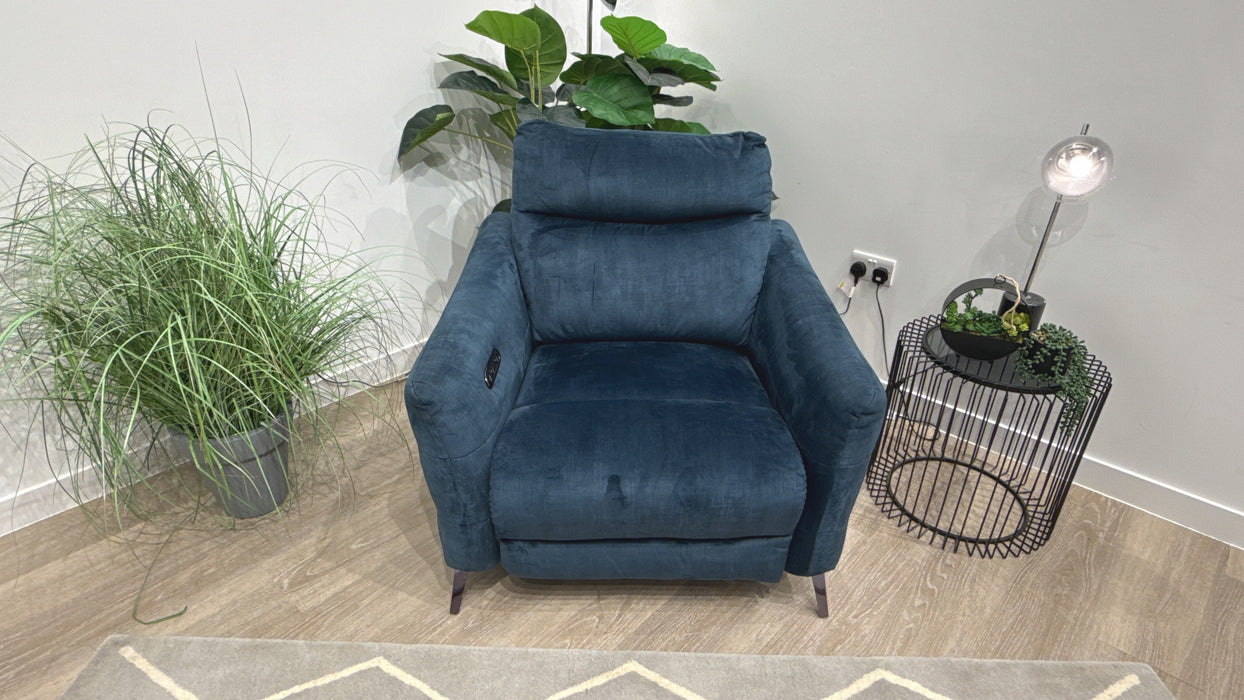 Sofology Renato Fabric Chair Power Recliner in Hertiage Velvet Airforce