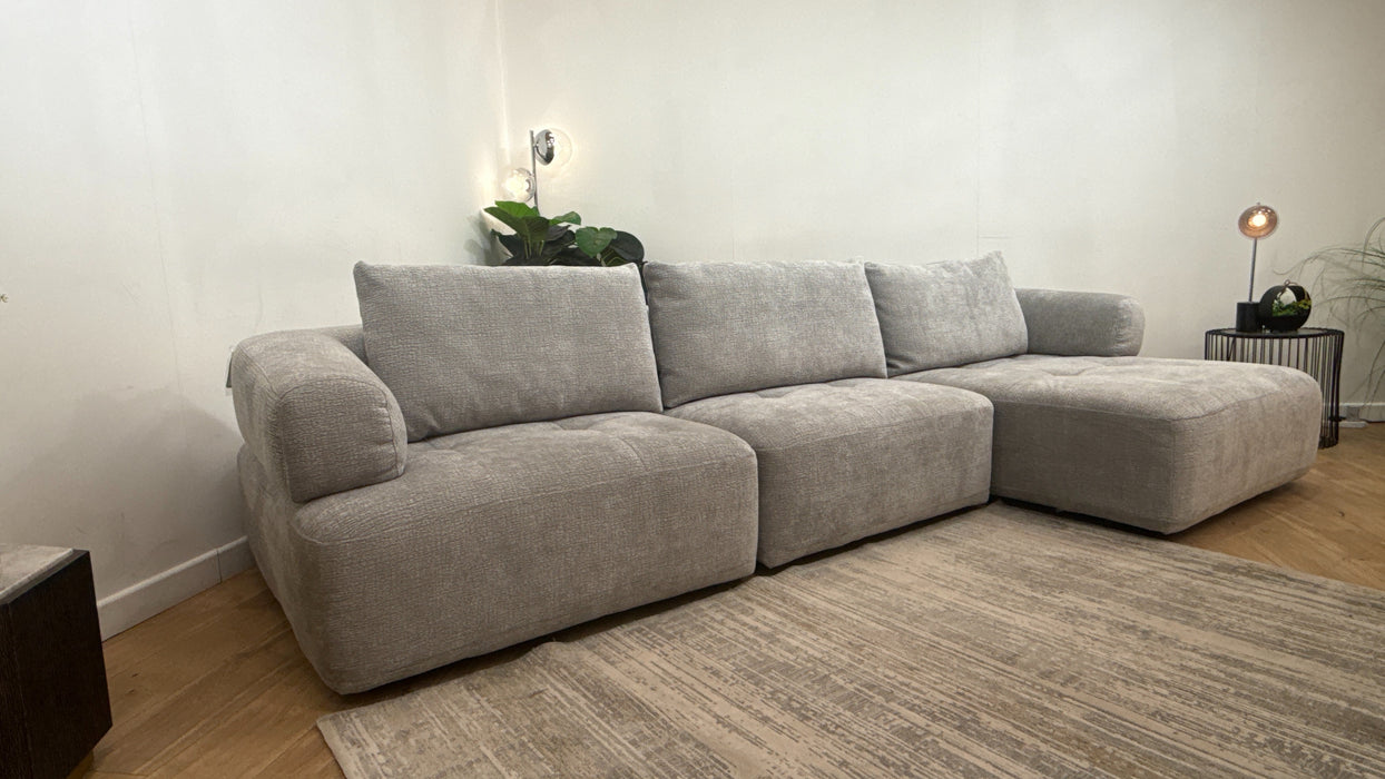 Sofology Fabric Flex 4 Seater Chaise Large Full Back Power Motion Back in Heavy Textured Chenille Light Grey