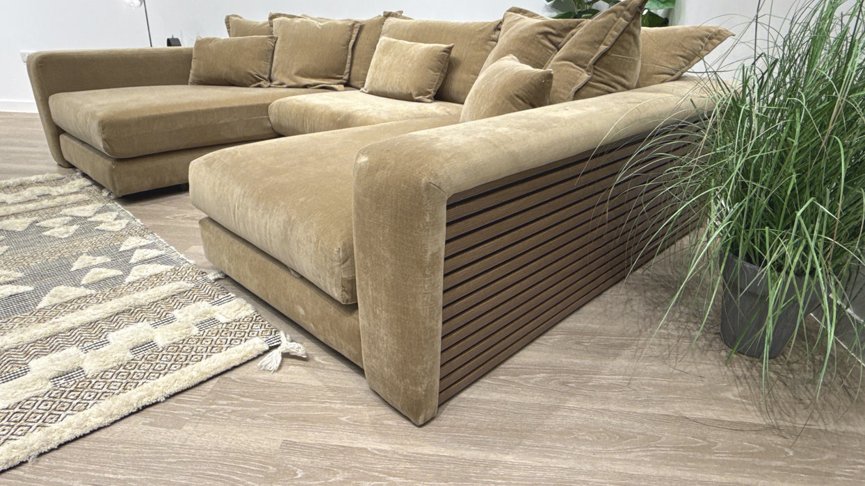 Sofology Cove Fabric Grande Double Chaise Dark Wood Panel in Soft Chenille Caramel