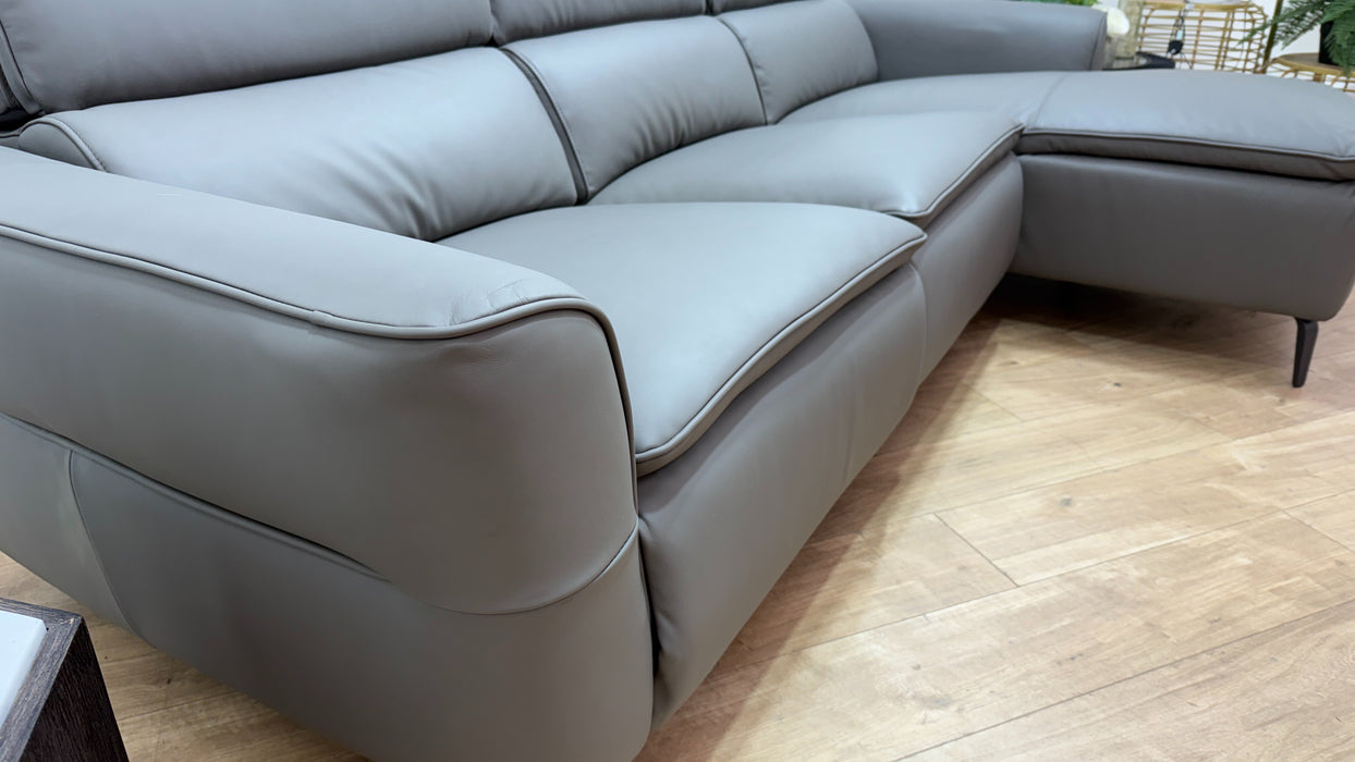 Sofology Viento Leather 3 Seater Chaise Power Recliner/Headrest Lumbar Heated Seat in Trusty Super Matt Storm Grey