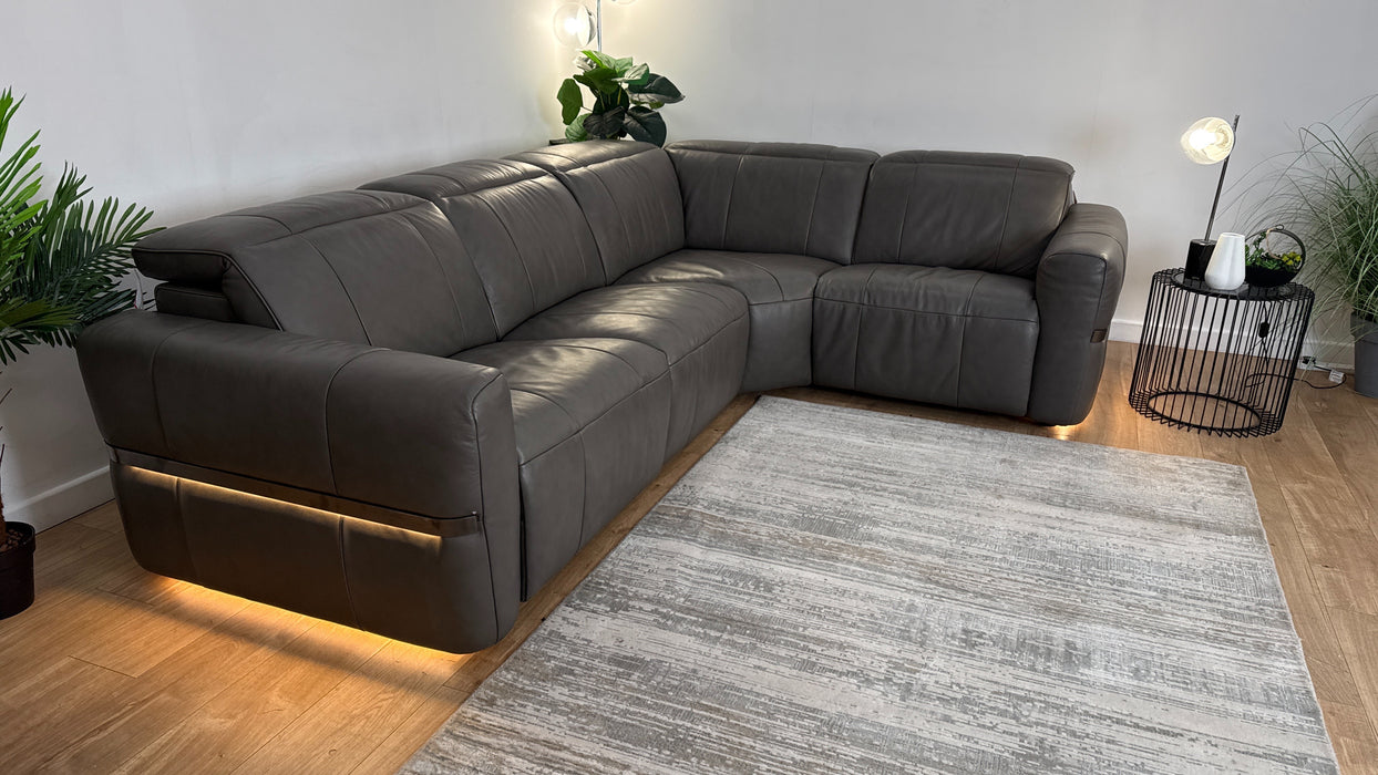 Sofology Lumiere Leather 3 Corner 1.5 Power Recliner/Headrest Heated Seat in Trusty Embossed Grey