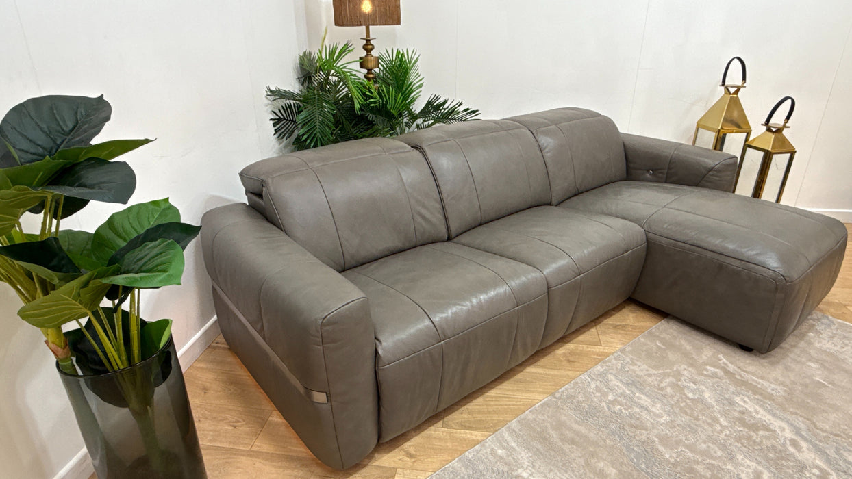 Sofology Lumiere Leather 4 Seater Chaise Power Recliner/Headrest Heated Seats Gunmetal Trim in Trusty Embossed Grey