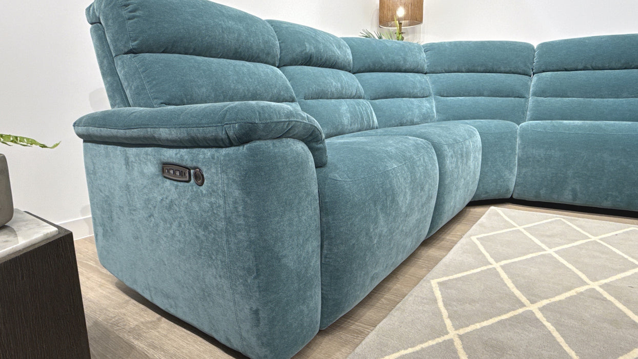 Sofology Radleigh Fabric 3 Corner 1.5 Power Recliner/Headrest Speakers in Peacock