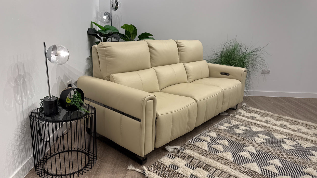 Sofology Ravello Leather 3 Seater Power Recliner/Headrest Lumbar Support in Trusty Embossed Bone China
