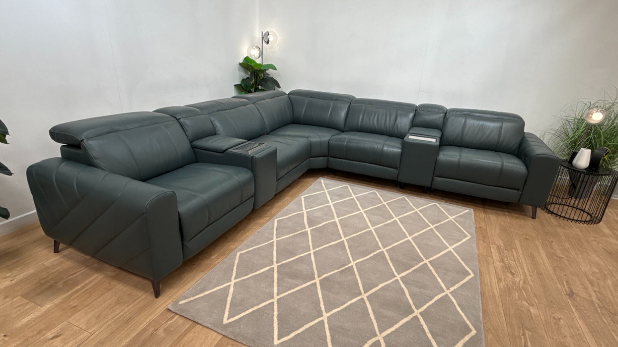 Sofology Allure Leather 3 Screen Console Corner Screen Console 3 Power Recliner/Headrest Heated Seats Lumbar Support Speakers in Trusty Embossed Peacock