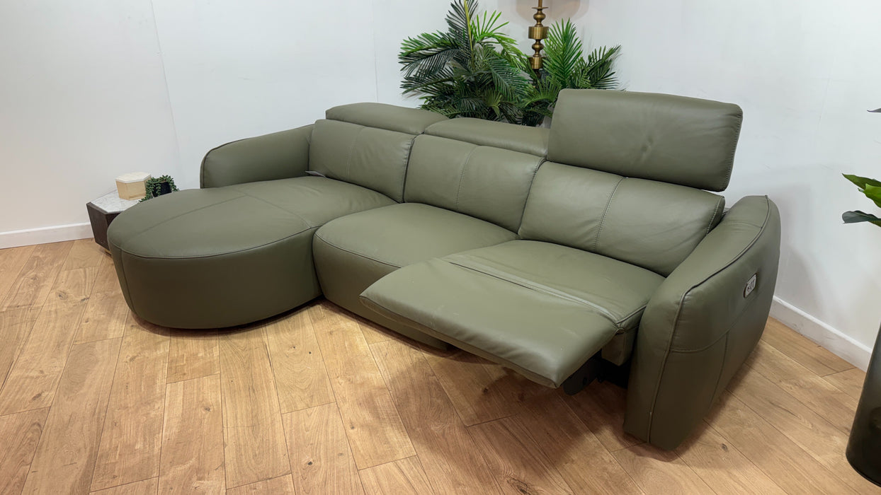 Sofology Serene Leather Chaise 3 Seater Power Recliner/Headrest in Trusty Matt Olive