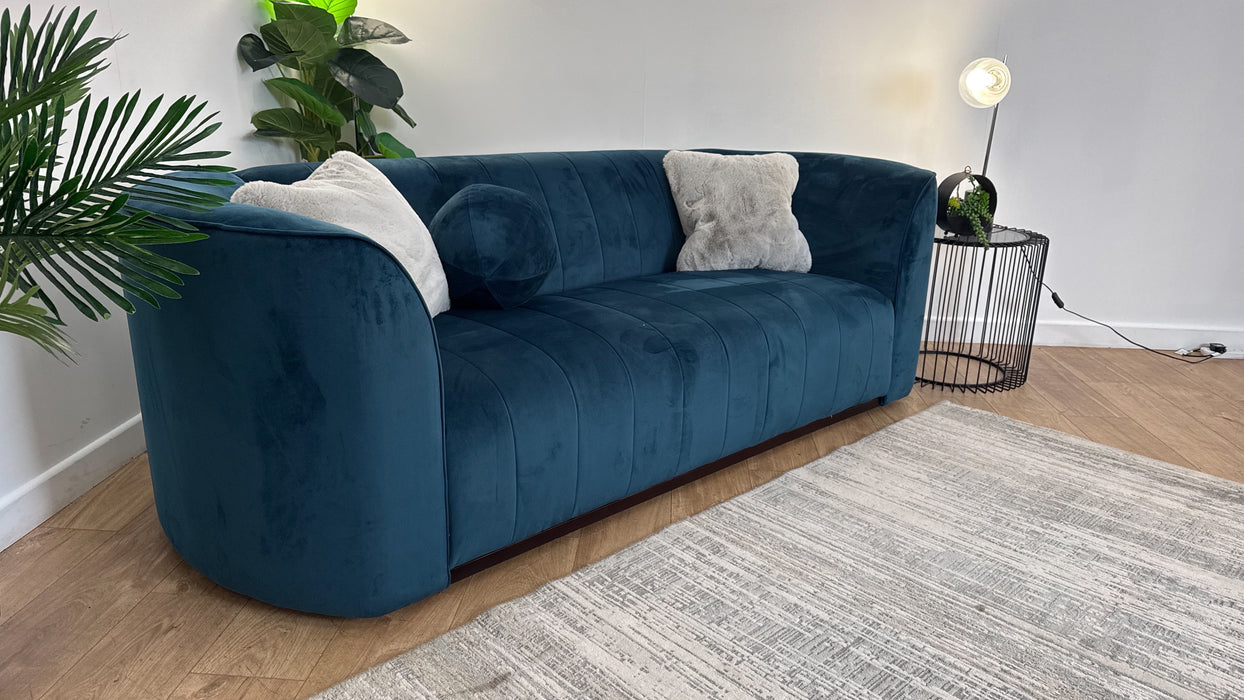 Sofology The Fitzrovia Fabric 3 Seater in Matt Velvet Navy Mix With Dark Wood Trim