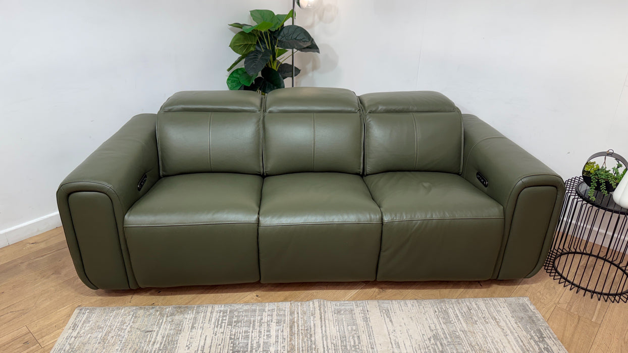 Sofology Premiere Leather 3 Seater Power Recliner/Headrest in Trusty Embossed Dark Olive