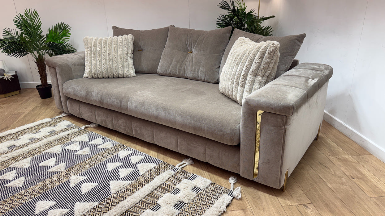 Sofology Oscar Fabric 4 Seater Gold Trim in Fine Textured Chenille Stone Mix
