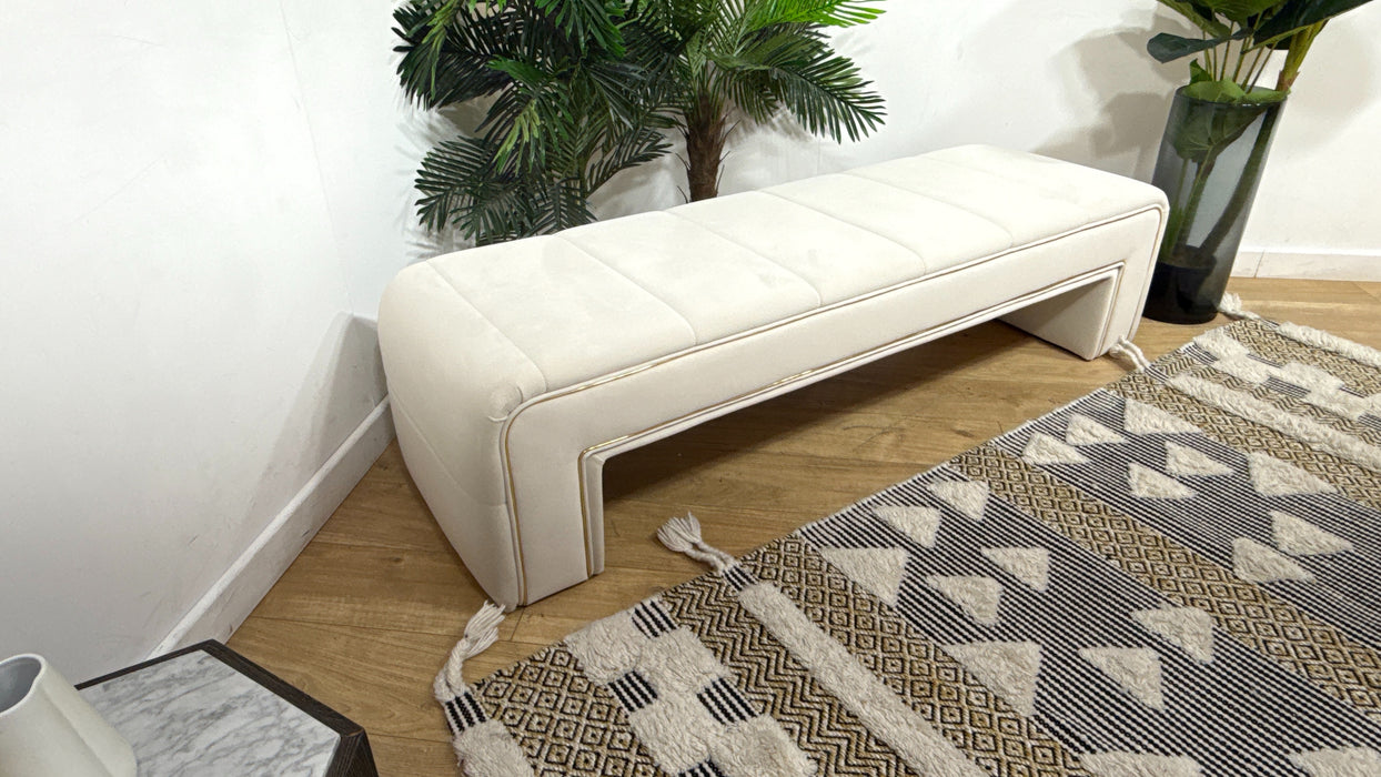 Sofology Oscar Fabric Large Bench Footstool Gold Trim in Super Matt Velvet Ecru