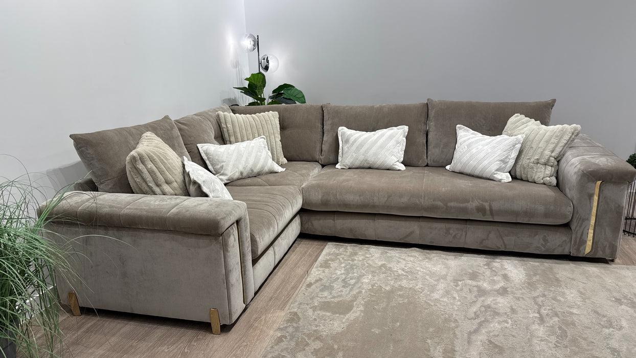 Sofology Oscar Fabric 1 Corner 3 Gold Trim in Fine Textured Chenille Stone Mix