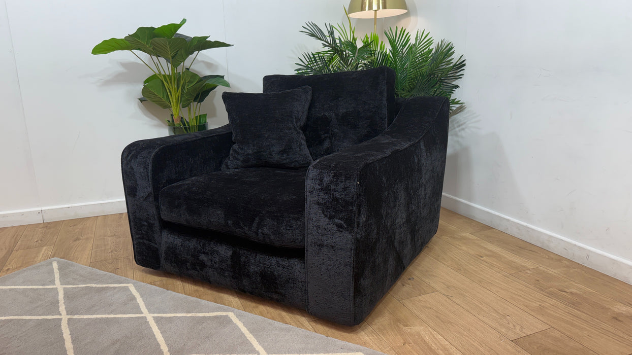Sofology Bellagio Accent Chair Reversible Feather Flex Seat in Chunky Luxe Chenille Ebony