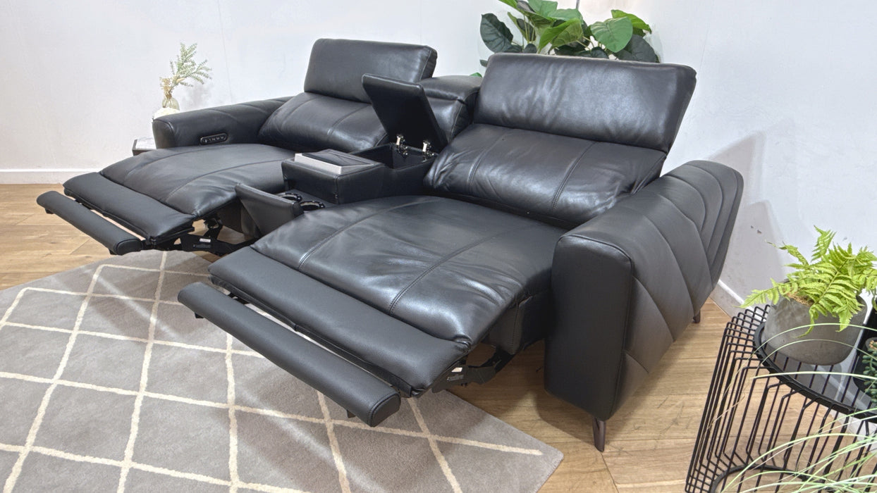 Sofology Allure Leather 2.5 Seater Screen Console Power Recliner/Headrest Heated Seats Lumbar Speakers in Trusty Embossed Jet Black