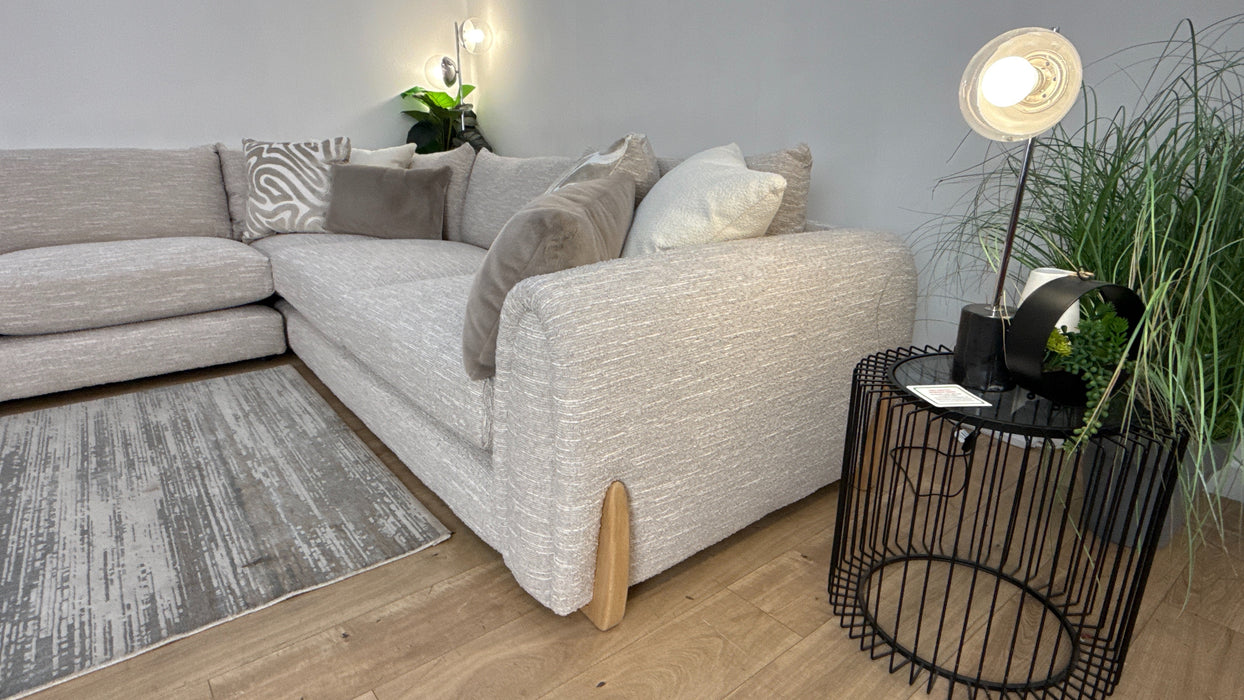 Sofology Marble Arch Fabric 3 Corner 1 Light Wood Trim in Chunky Flecked Boucle Stone/Ecru Mix