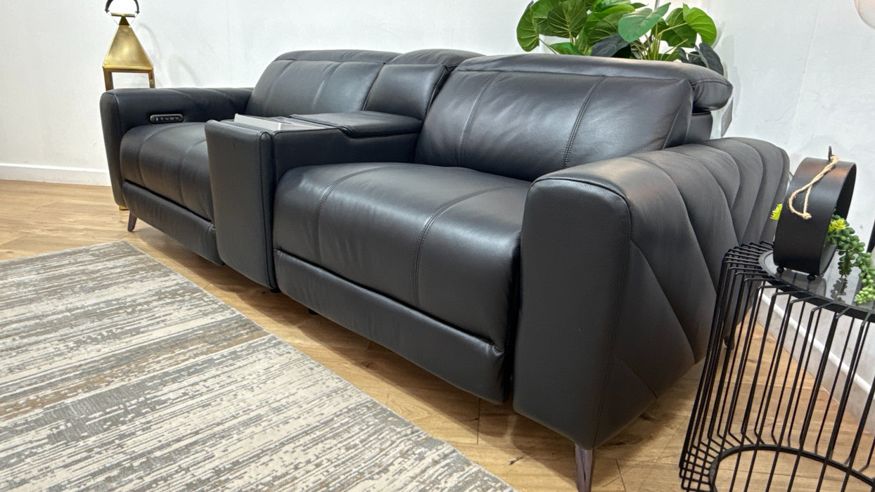 Sofology Allure Leather 2.5 Seater Screen Console Power Recliner/Headrest Heated Seats Lumbar Speakers in Trusty Embossed Jet Black