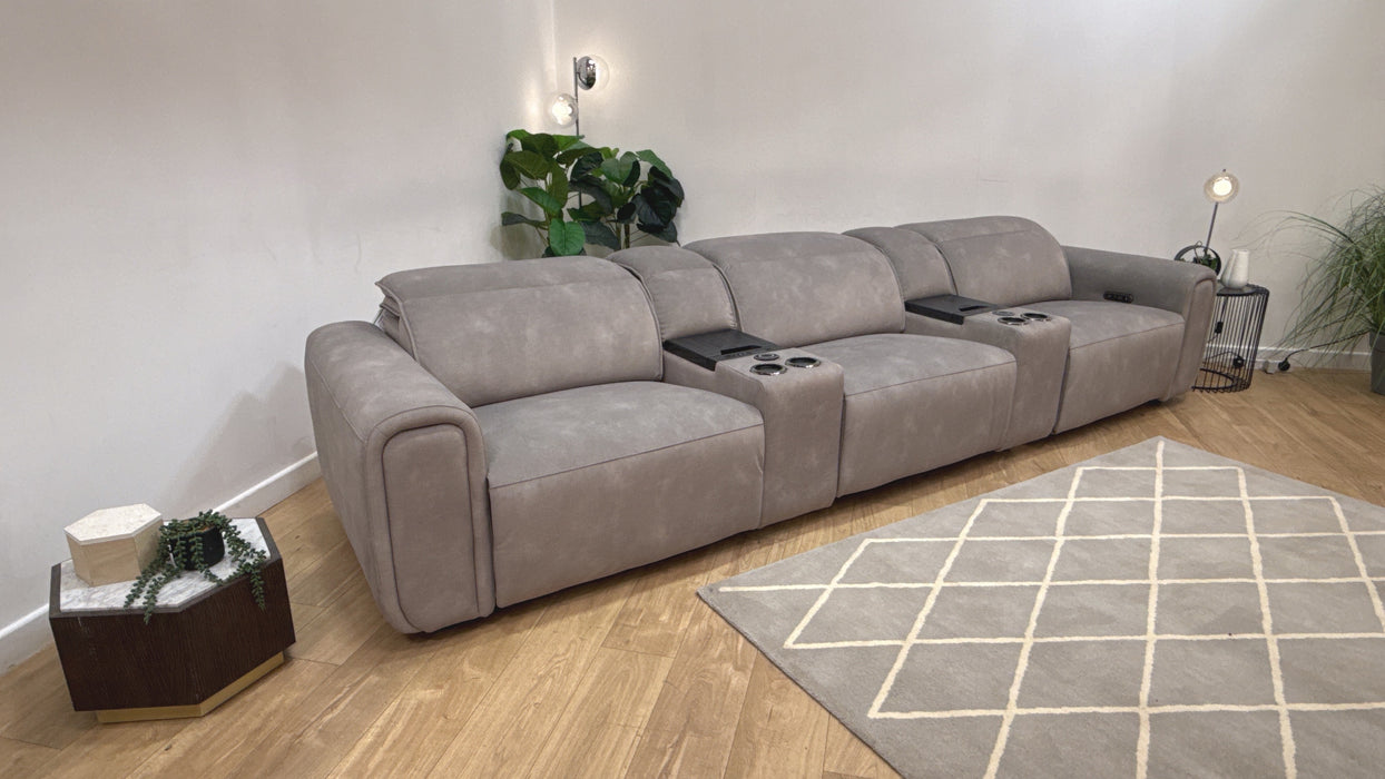 Sofology Premiere Fabric 3 Seater Cinema Sofa Consoles Power Recliner/Headrest x 3 in Lifestyle Flecked Stone
