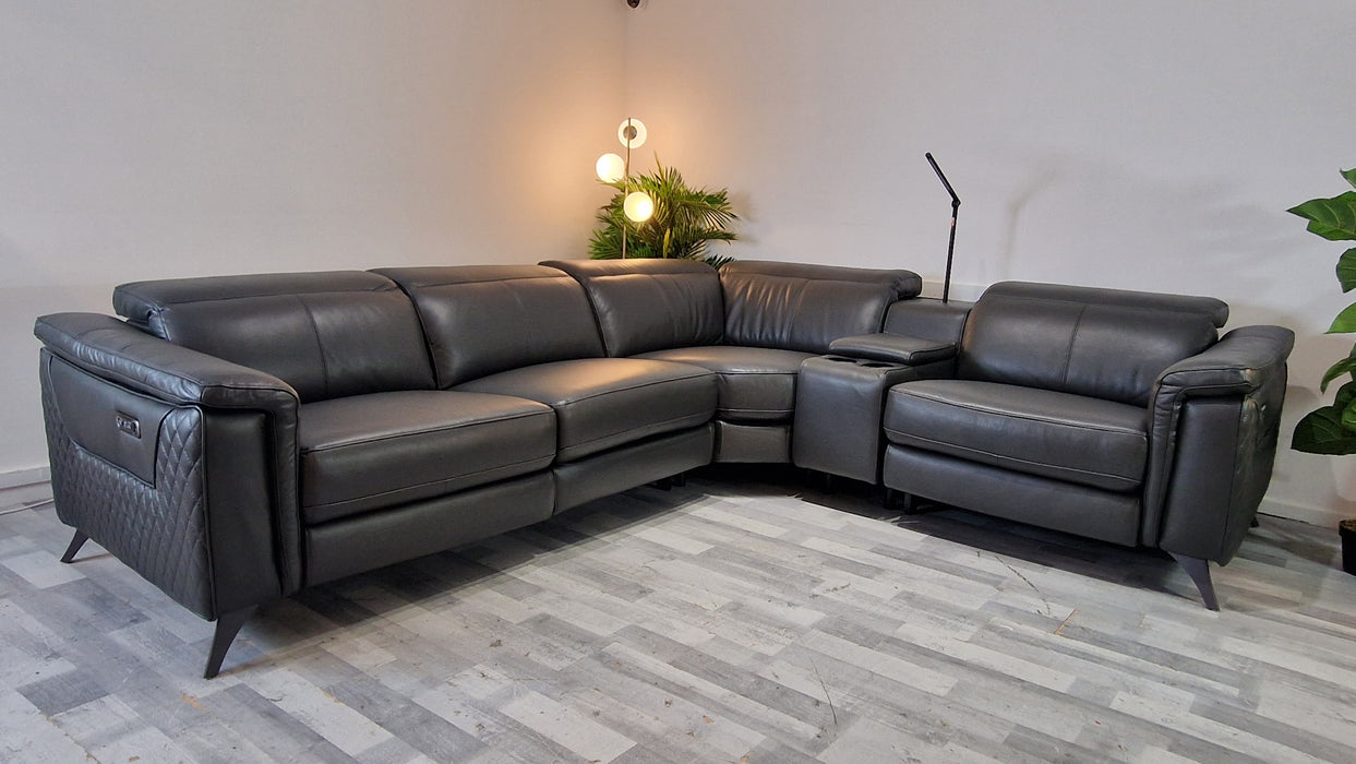 Ezra 3 Corner 1.5 + Console Unit  - Leather Power Reclining Sofa - Trusty Sheen Leather Charcoal