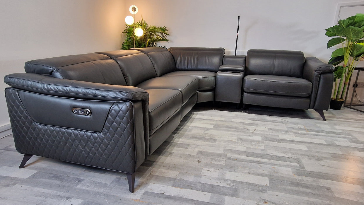 Ezra 3 Corner 1.5 + Console Unit  - Leather Power Reclining Sofa - Trusty Sheen Leather Charcoal