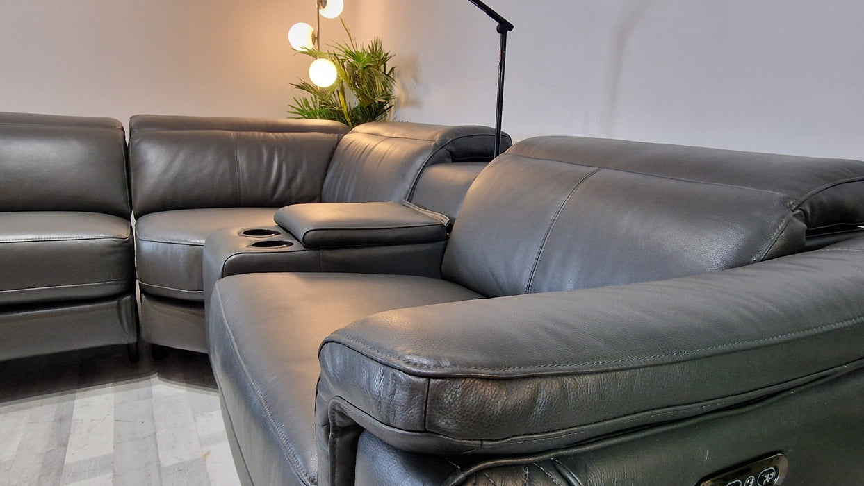 Ezra 3 Corner 1.5 + Console Unit  - Leather Power Reclining Sofa - Trusty Sheen Leather Charcoal