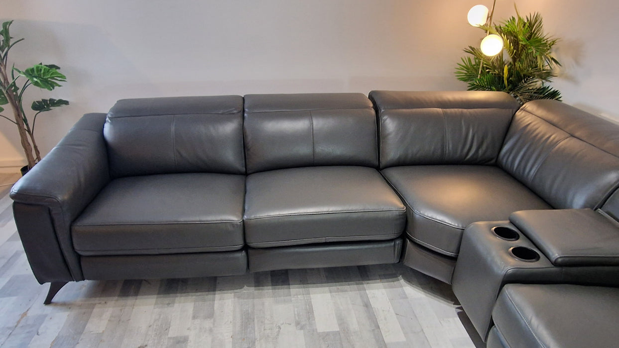 Ezra 3 Corner 1.5 + Console Unit  - Leather Power Reclining Sofa - Trusty Sheen Leather Charcoal