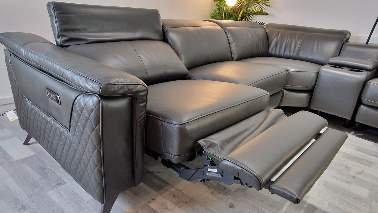 Ezra 3 Corner 1.5 + Console Unit  - Leather Power Reclining Sofa - Trusty Sheen Leather Charcoal