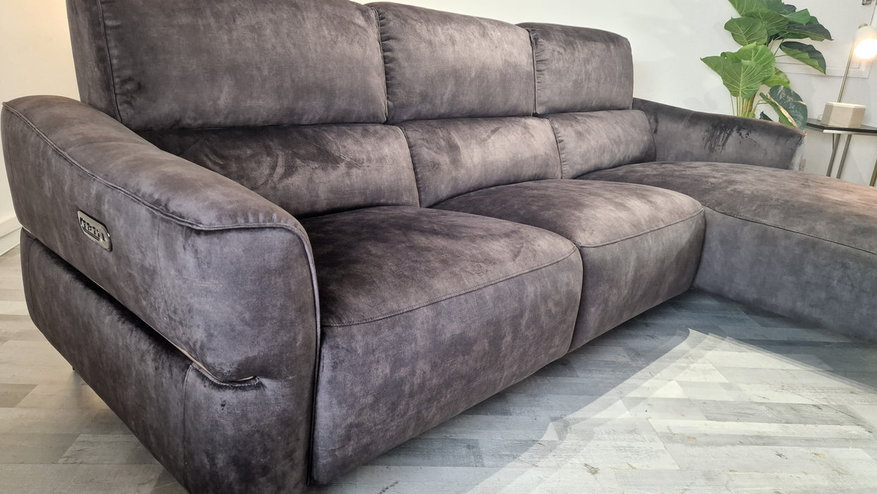 Dakota 3 Seater Chaise - Power Reclining Leather Sofa - Washed Velvet Charcoal