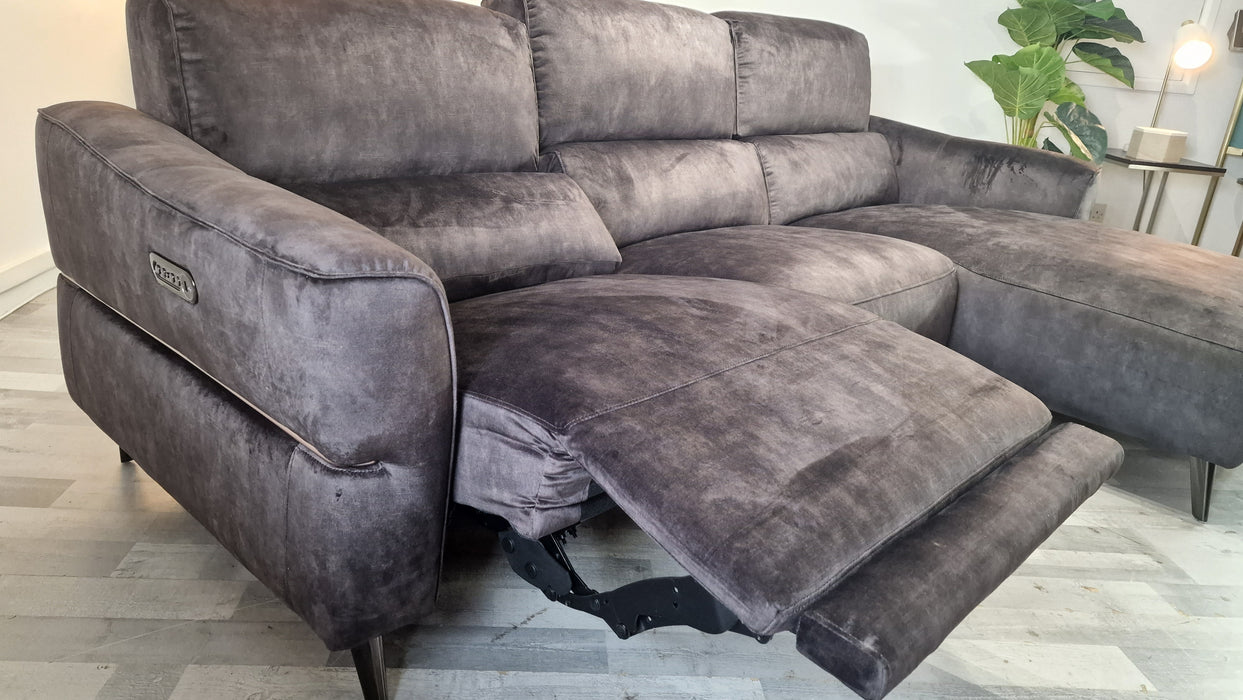 Dakota 3 Seater Chaise - Power Reclining Leather Sofa - Washed Velvet Charcoal